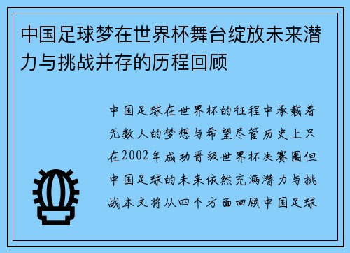 中国足球梦在世界杯舞台绽放未来潜力与挑战并存的历程回顾